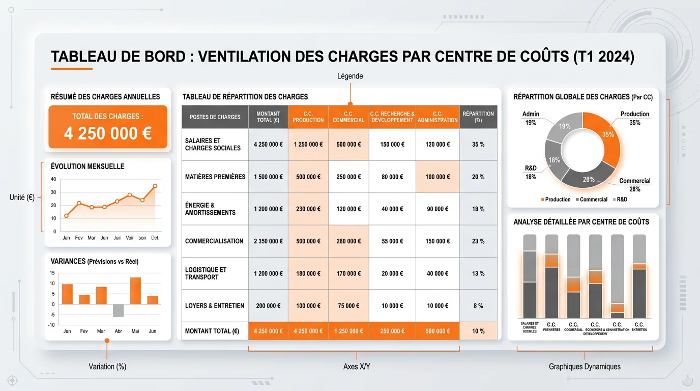 Schéma montrant la ventilation des charges par centre de coûts dans un tableau de bord analytique comptable