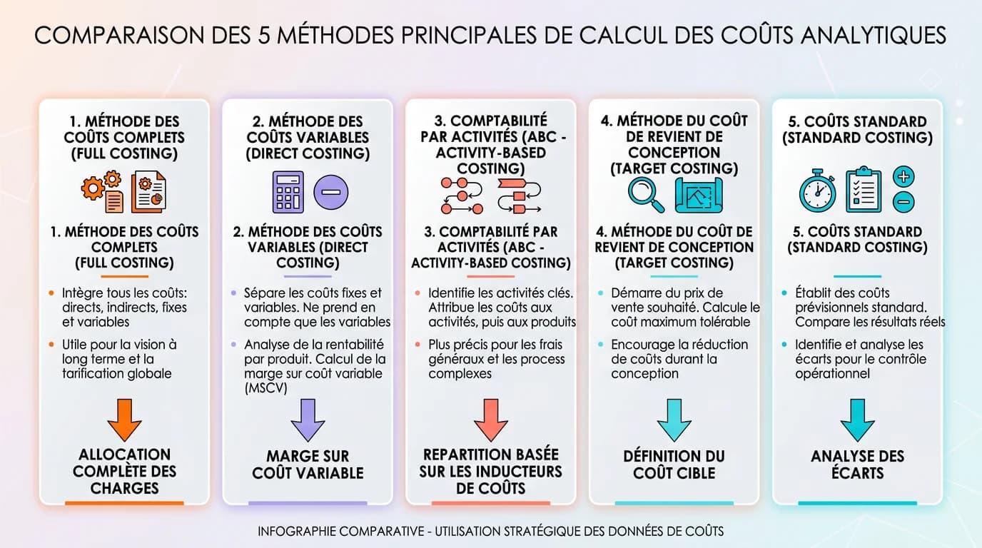 Infographie comparant les 5 méthodes de calcul des coûts analytiques avec icônes et flèches directionnelles