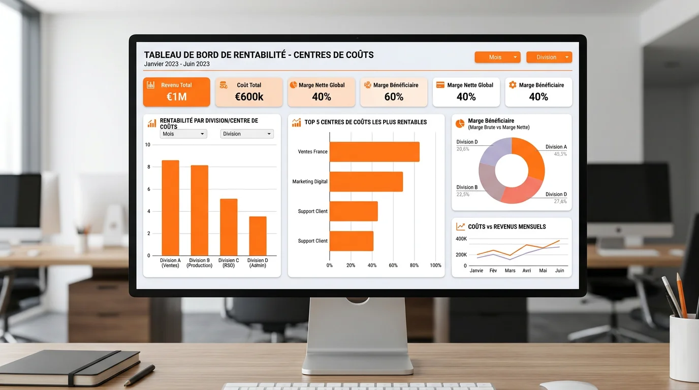 Tableau de bord analytique comptable sur écran d'ordinateur montrant des graphiques de rentabilité par centre de coûts