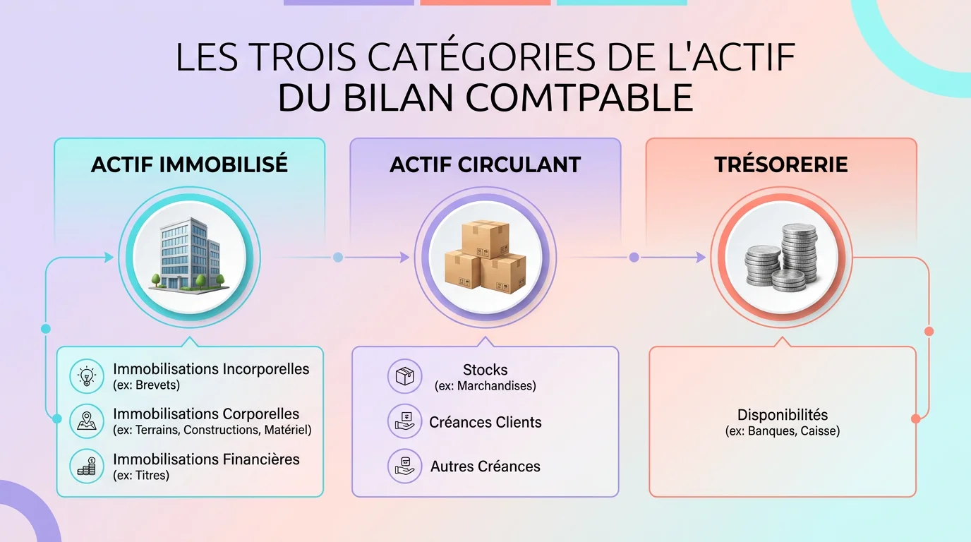 Diagramme montrant les trois catégories de l'actif du bilan : immobilisé, circulant et trésorerie avec des icônes de bâtiment, cartons et pièces