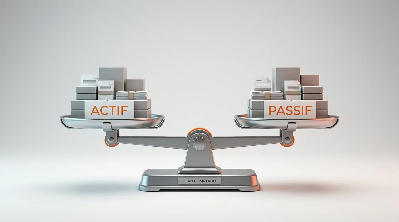 Balance à deux plateaux en équilibre avec le mot Actif d'un côté et Passif de l'autre illustrant l'égalité du bilan comptable