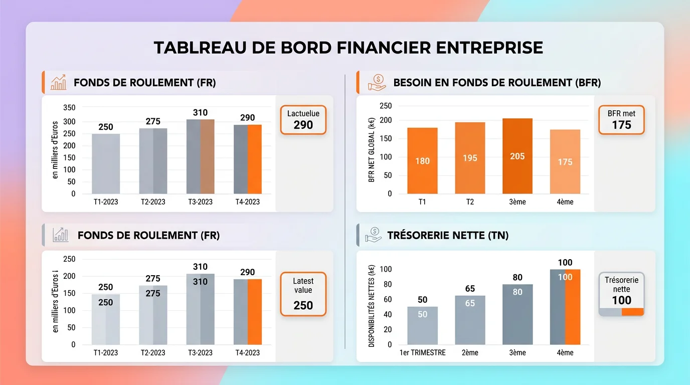 Tableau de bord financier montrant les ratios fonds de roulement BFR et trésorerie nette avec des graphiques en barres