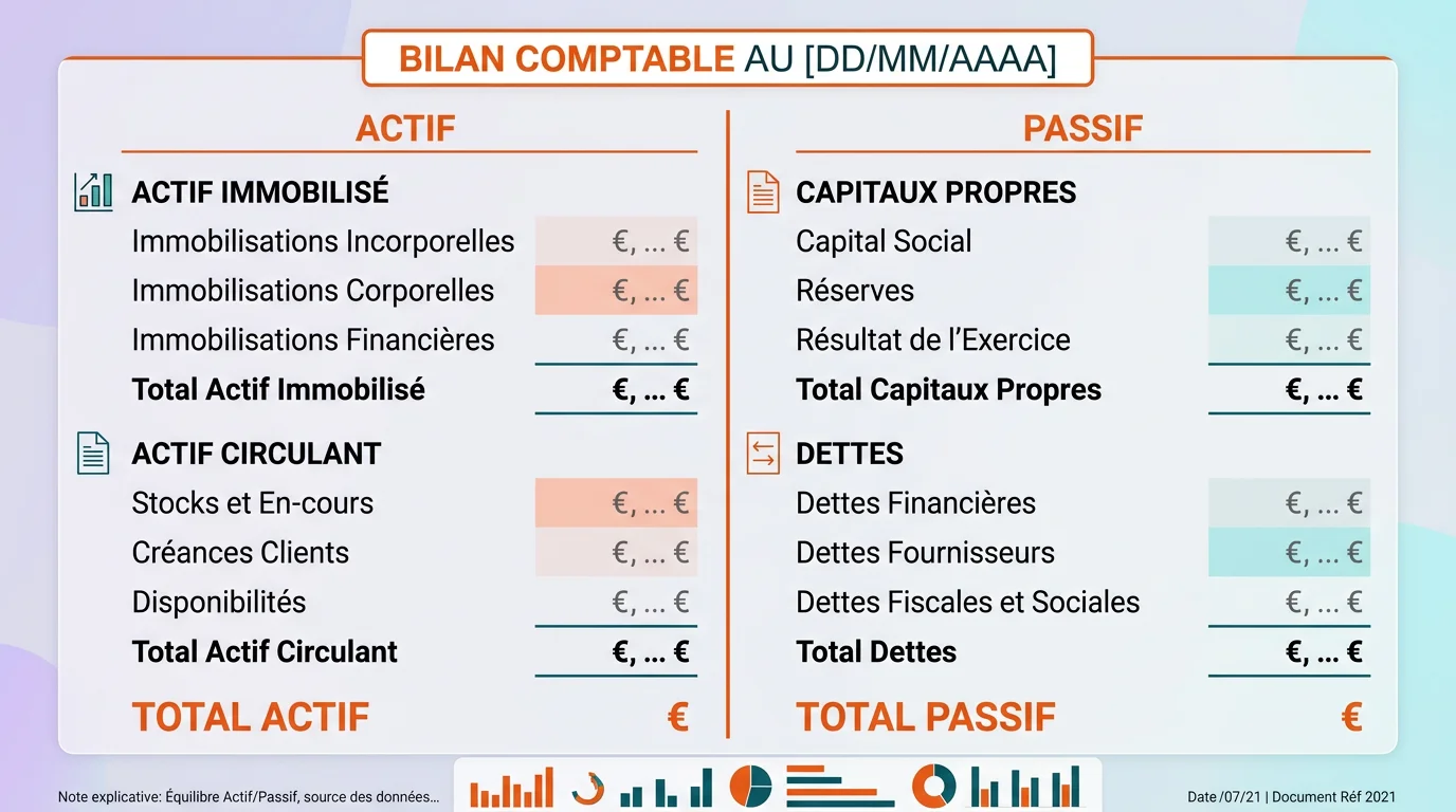 Schéma d'un bilan comptable avec colonne actif à gauche et colonne passif à droite séparées par un trait vertical