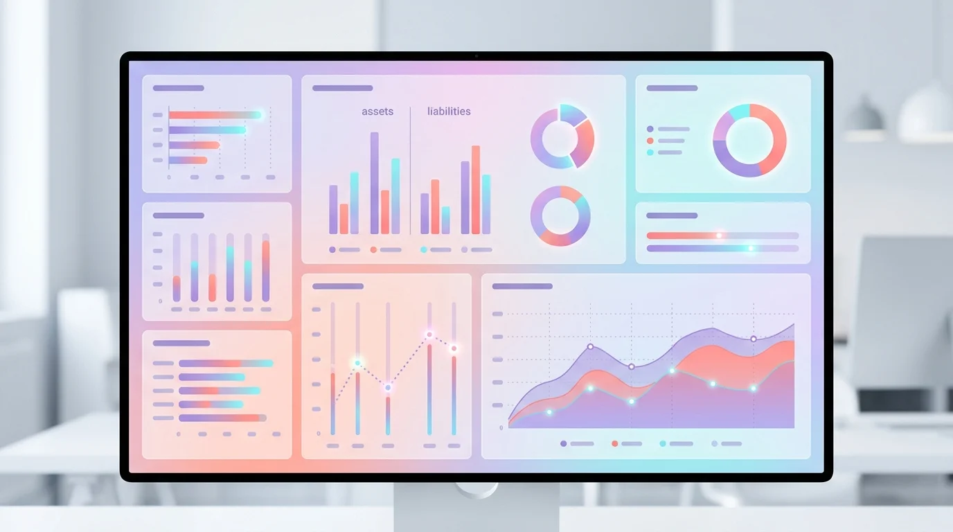Tableau de bord comptable affichant un bilan actif-passif sur ecran d ordinateur avec graphiques financiers