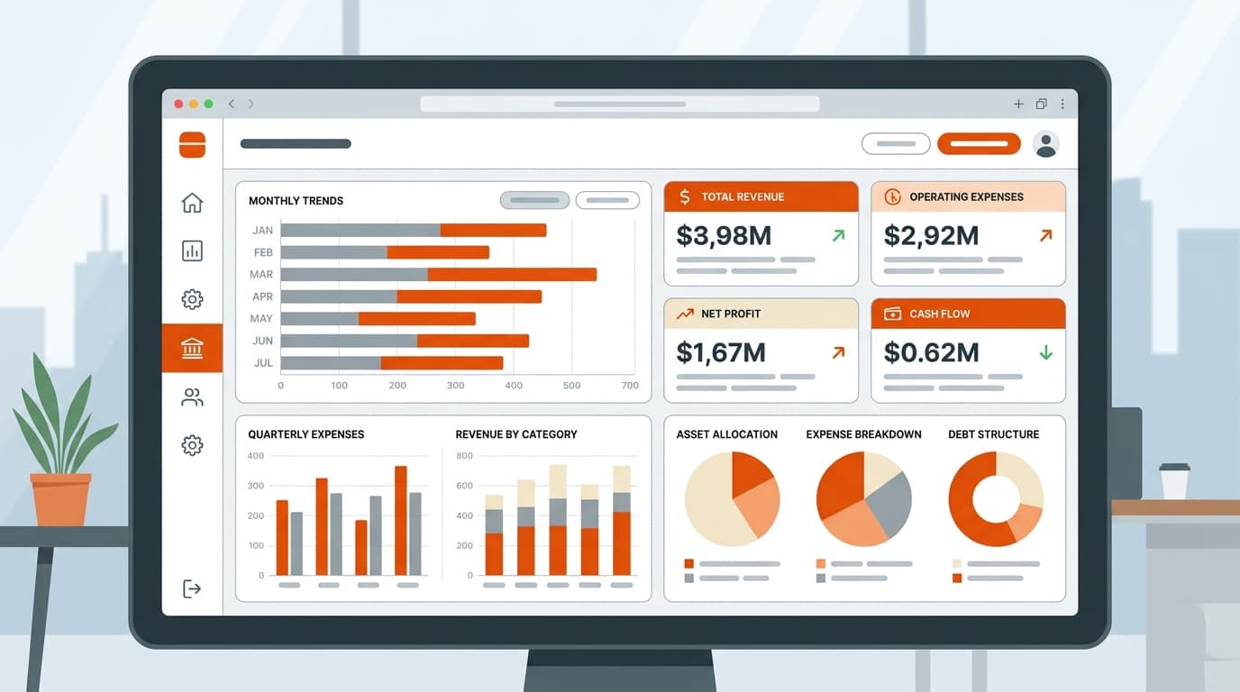 Ecran de tableau de bord comptable avec graphiques de tresorerie et colonnes actif passif sur fond bleu