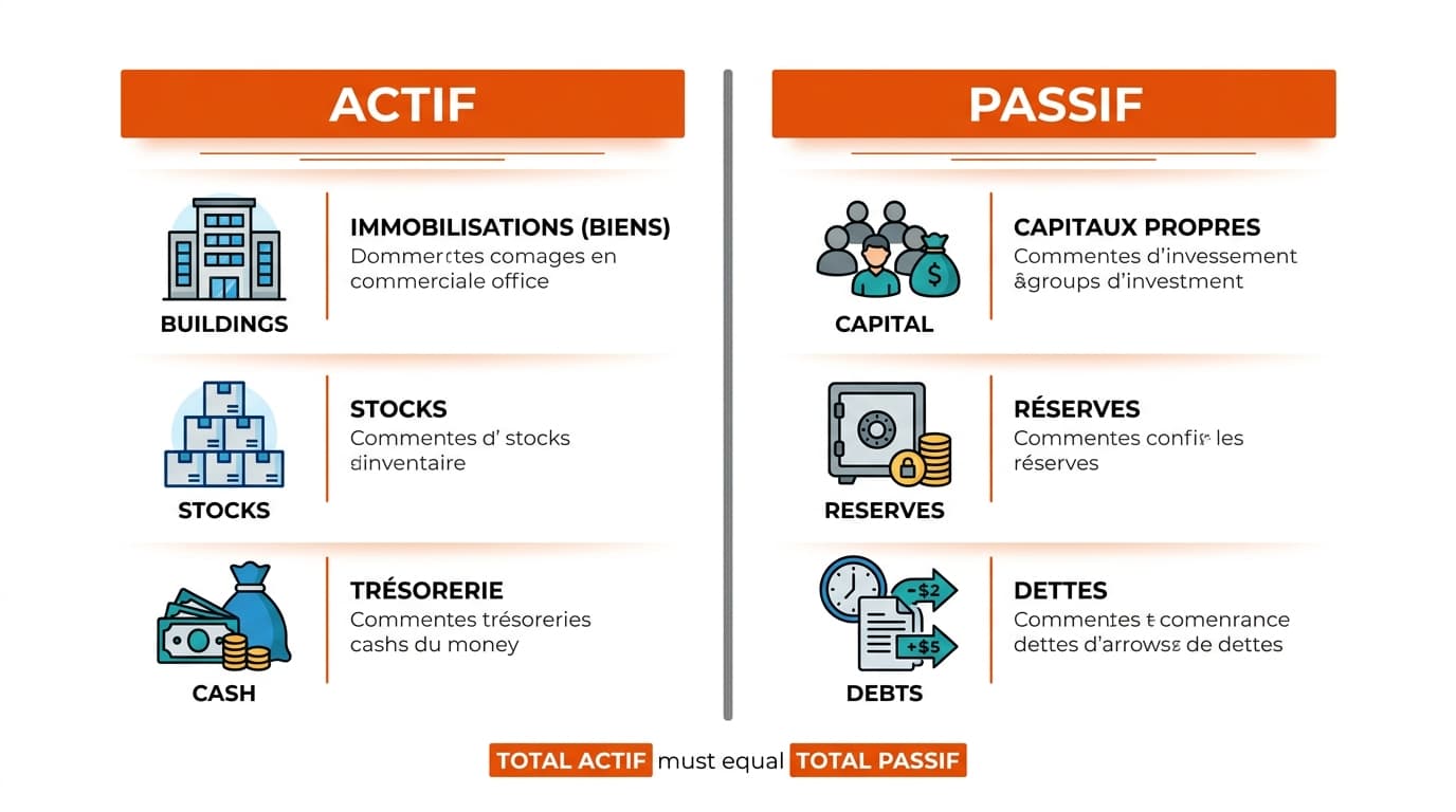 Schema du bilan comptable avec colonne actif a gauche et colonne passif a droite separees par une ligne verticale