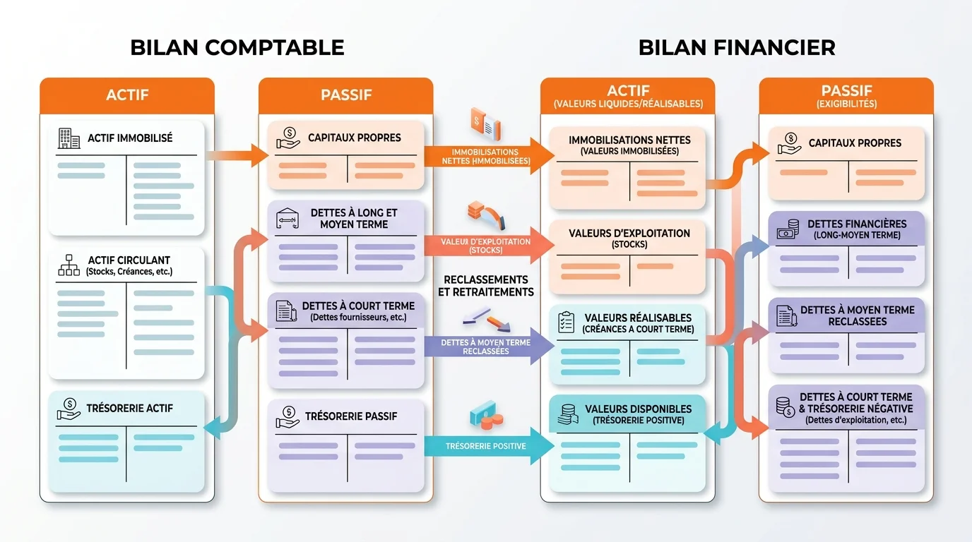 Schéma comparatif bilan comptable versus bilan financier avec flèches de reclassement des postes, fond blanc style infographie