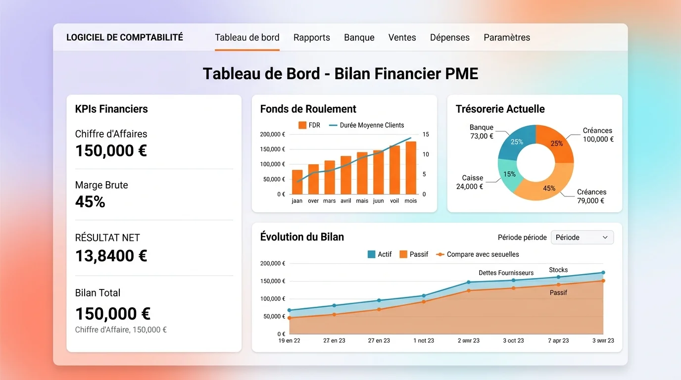 Dashboard logiciel de comptabilité affichant bilan financier PME avec graphiques fonds de roulement et trésorerie, interface moderne orange