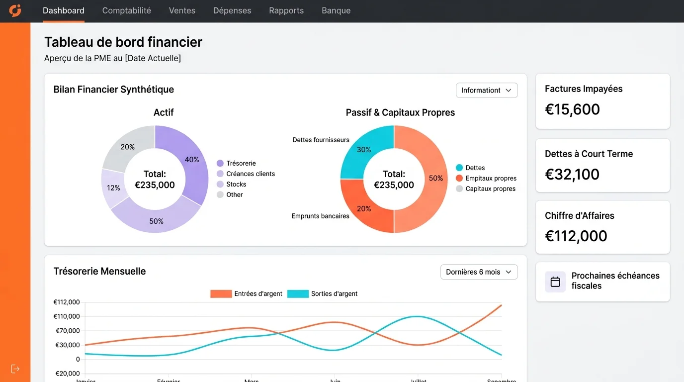 Interface logiciel comptabilité PME avec graphiques bilan financier actif passif fond orange blanc style SaaS moderne