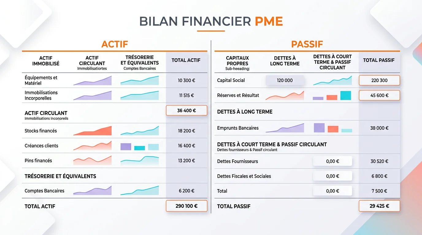 Tableau bilan financier PME avec colonnes actif et passif sur fond blanc orange, design professionnel épuré