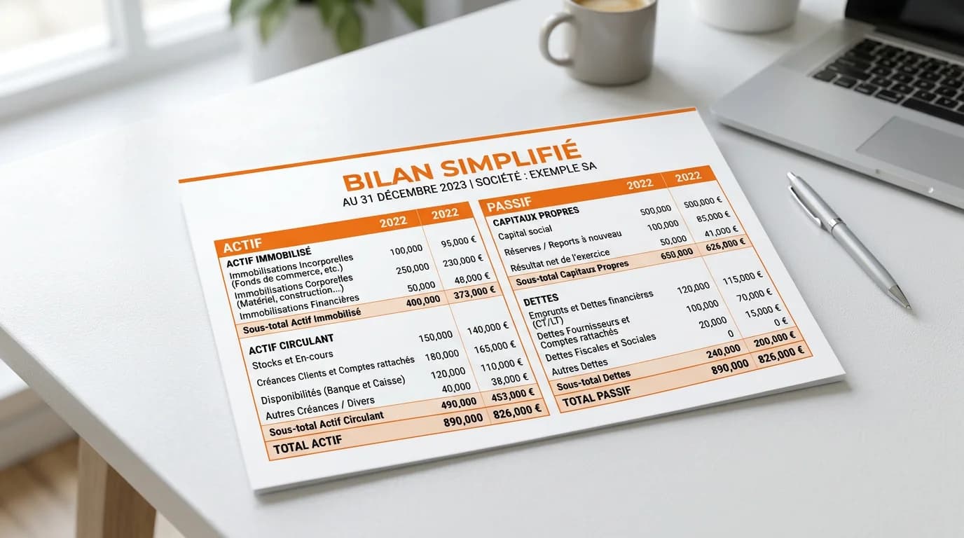 Document comptable bilan simplifié posé sur un bureau avec colonnes actif et passif visibles