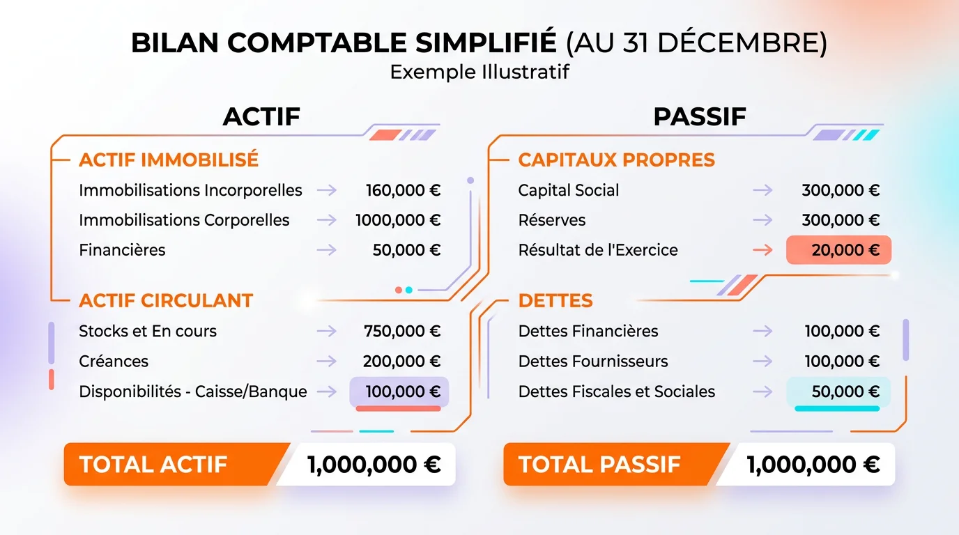 Schéma deux colonnes actif et passif d'un bilan simplifié avec catégories regroupées et totaux égaux
