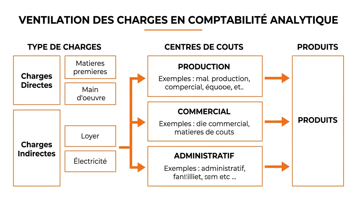 Schéma montrant la ventilation des charges directes et indirectes vers les centres de coûts et les produits dans un système de comptabilité analytique