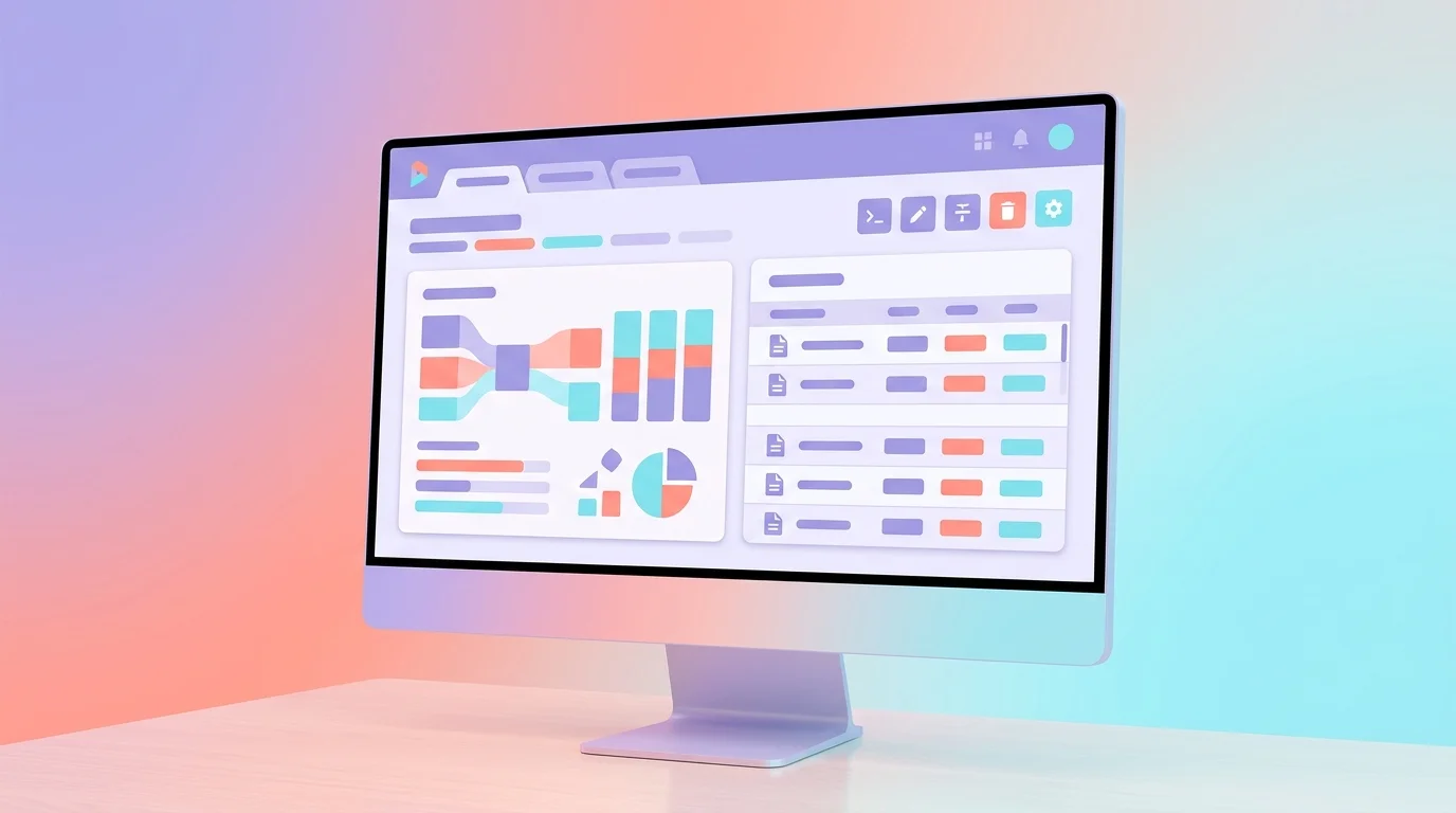 Tableau de bord comptable simplifié sur écran d'ordinateur avec graphiques de trésorerie et liste de factures automatisées