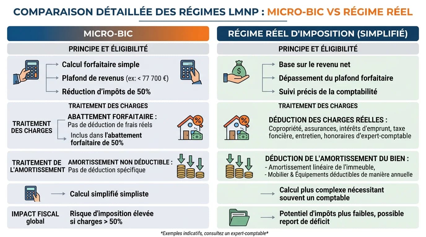 Tableau comparatif micro-BIC et régime réel pour la comptabilité LMNP avec colonnes charges et amortissements