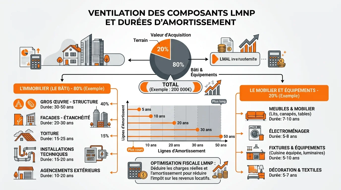 Schéma de ventilation des composants d'un bien immobilier LMNP avec durées d'amortissement par poste