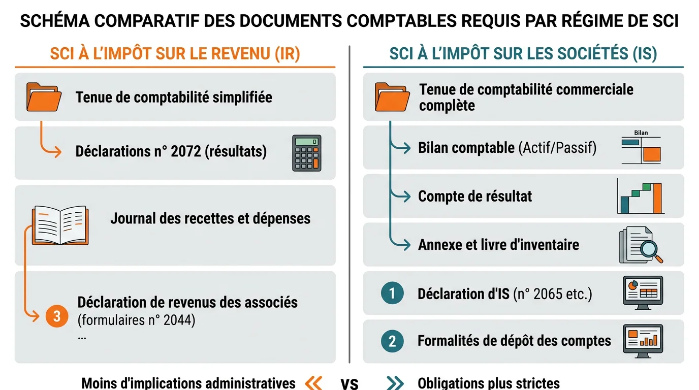 Schéma comparatif montrant deux colonnes IR et IS avec les documents comptables requis pour chaque régime de SCI
