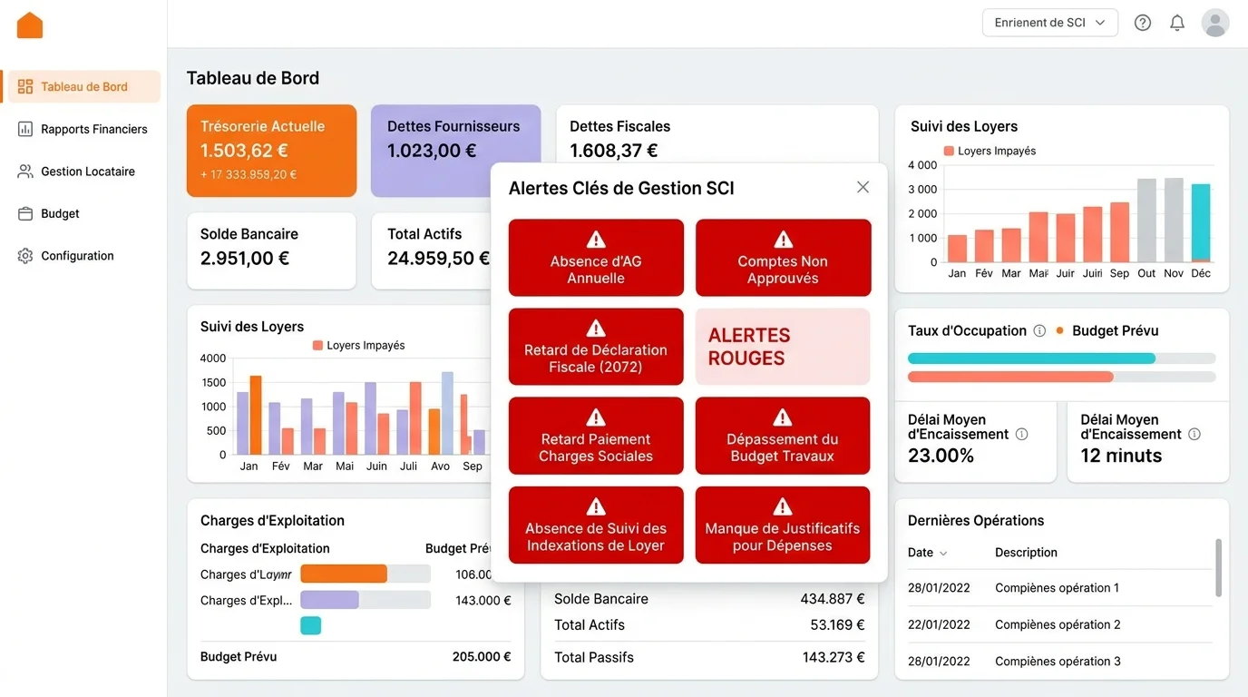 Tableau de bord comptable affichant des alertes rouges sur les erreurs courantes de gestion d'une SCI immobilière