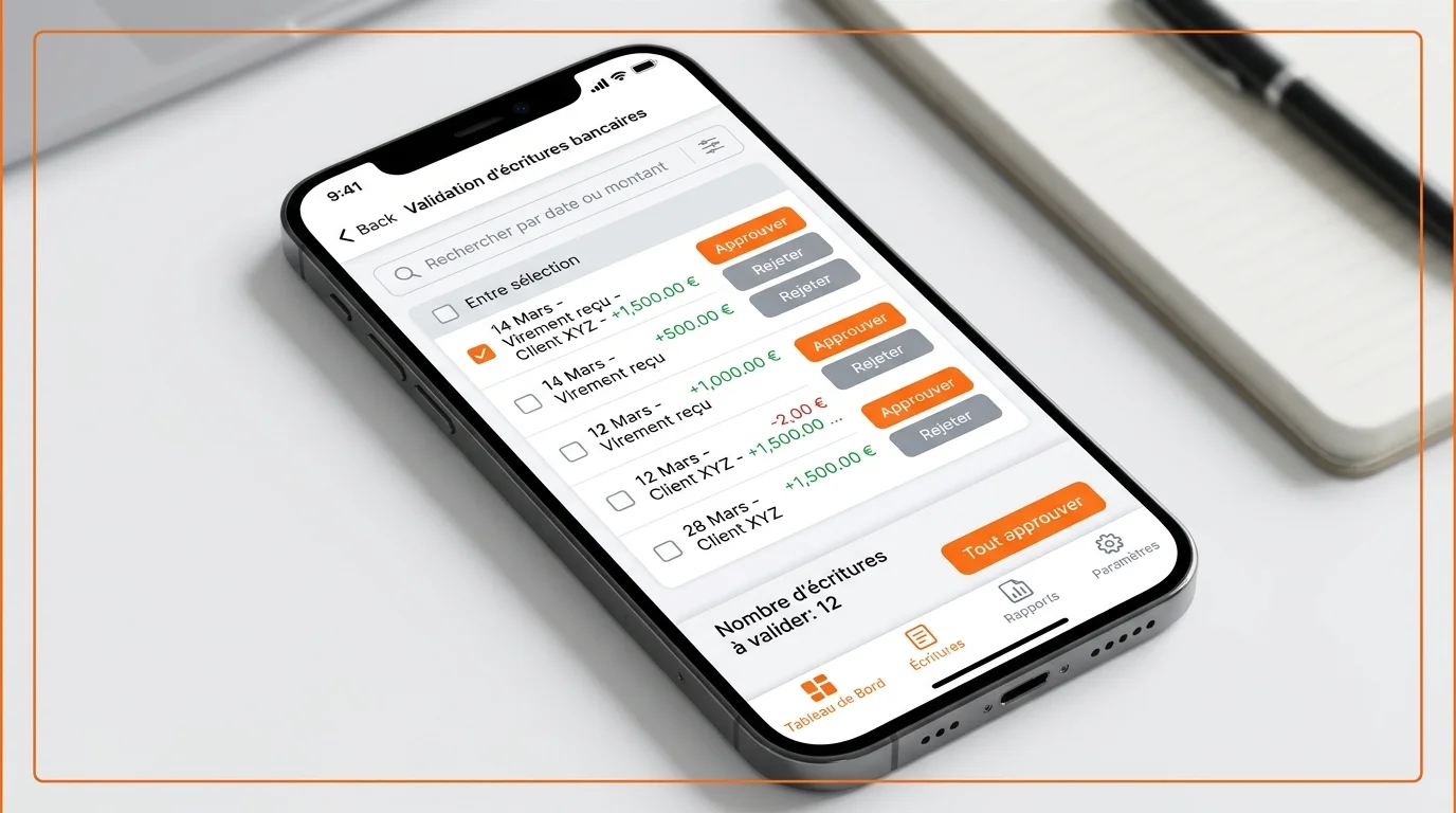 Interface mobile d'application comptable montrant la validation d'écritures bancaires avec boutons d'approbation