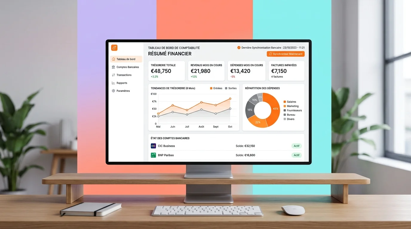 Écran d'ordinateur affichant un tableau de bord comptable avec graphiques financiers et synchronisation bancaire