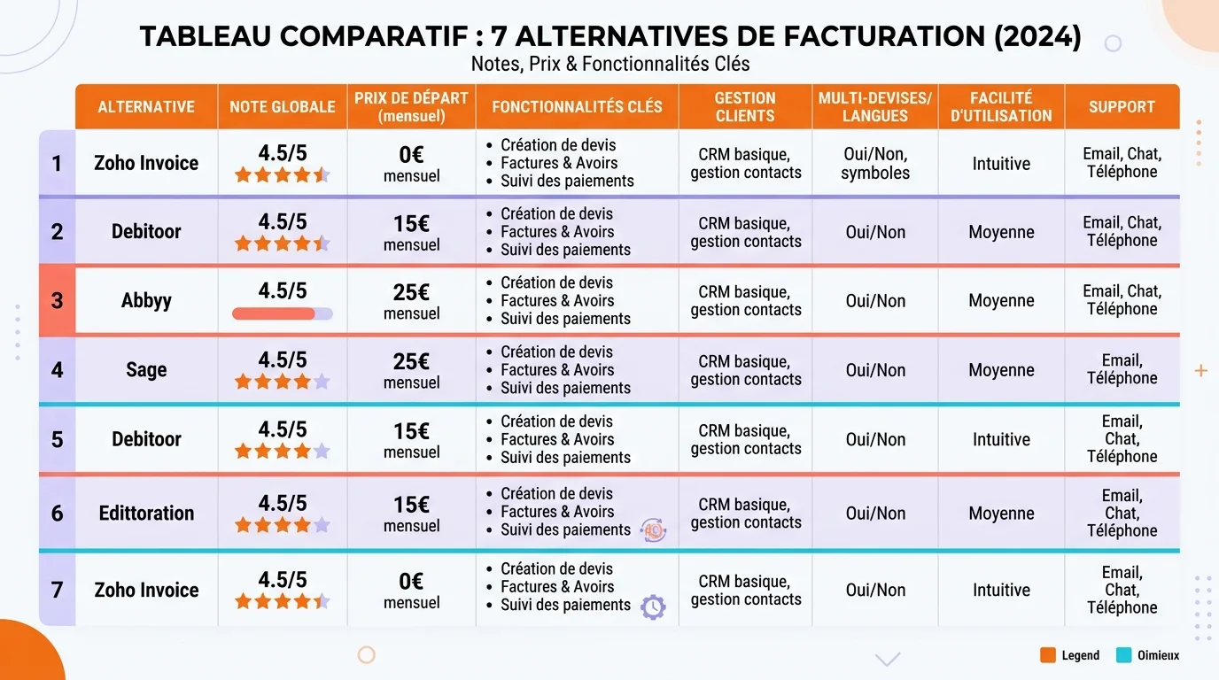 Tableau comparatif de cinq logiciels de facturation gratuits affiches sur un ecran d'ordinateur portable avec des graphiques de performance
