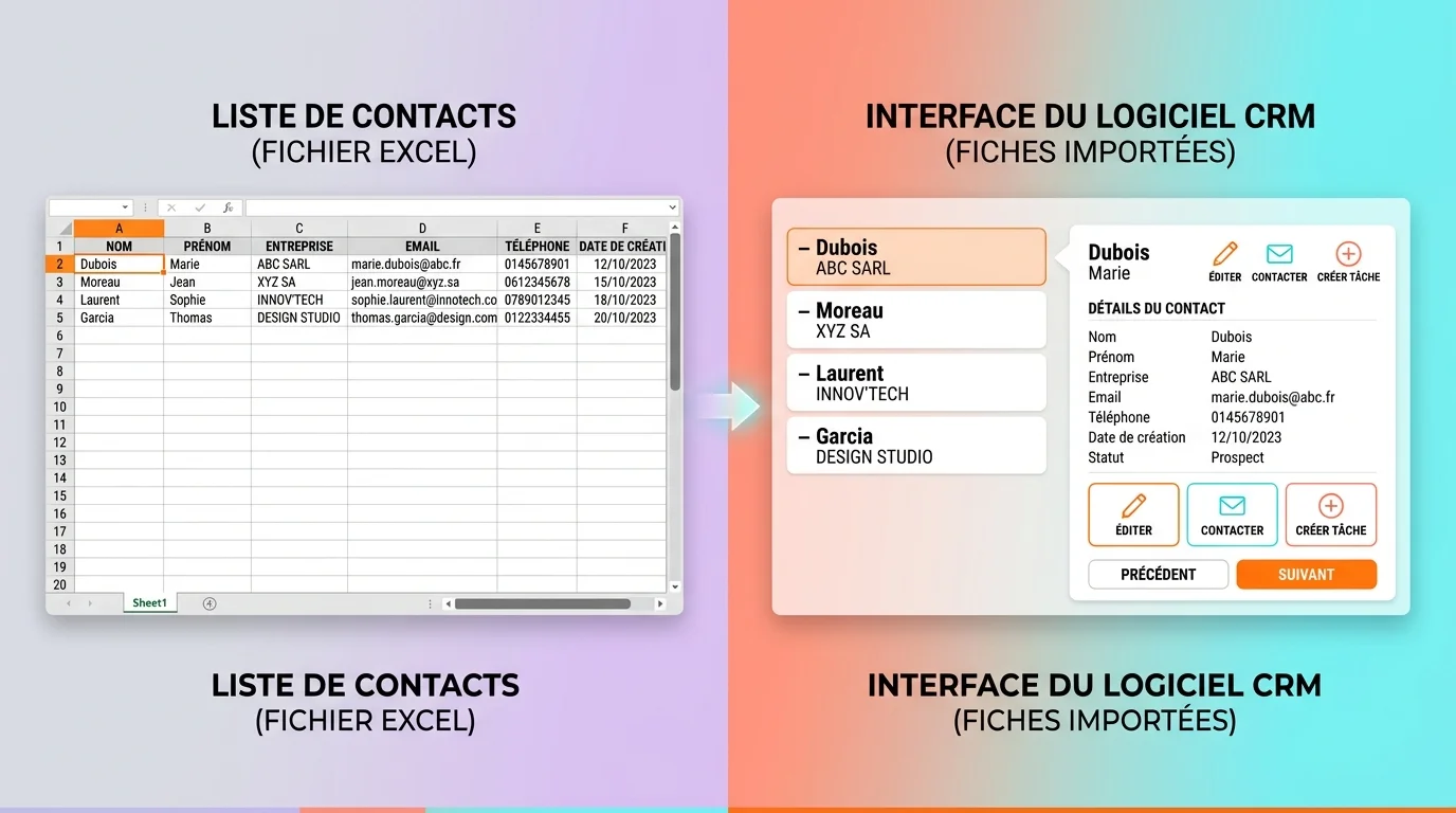 Écran partagé montrant un fichier Excel avec liste de contacts à gauche et interface CRM avec fiches importées à droite
