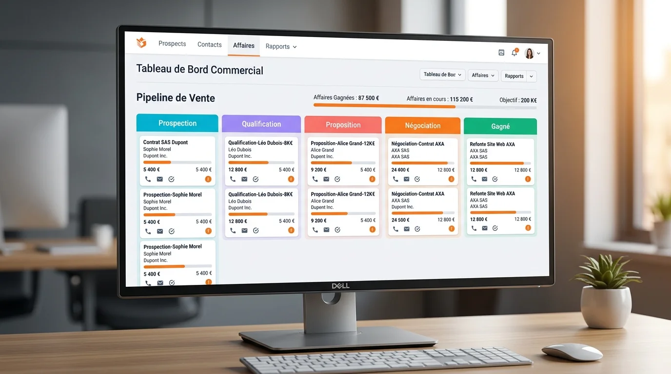 Tableau de bord CRM sur écran d'ordinateur montrant un pipeline de vente avec colonnes colorées et fiches contacts