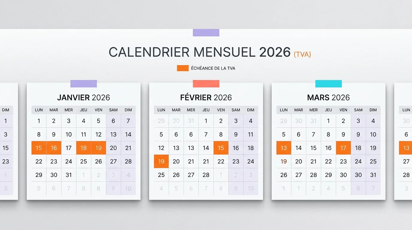 Calendrier mensuel 2026 avec dates echeances TVA surlignees en orange sur fond blanc