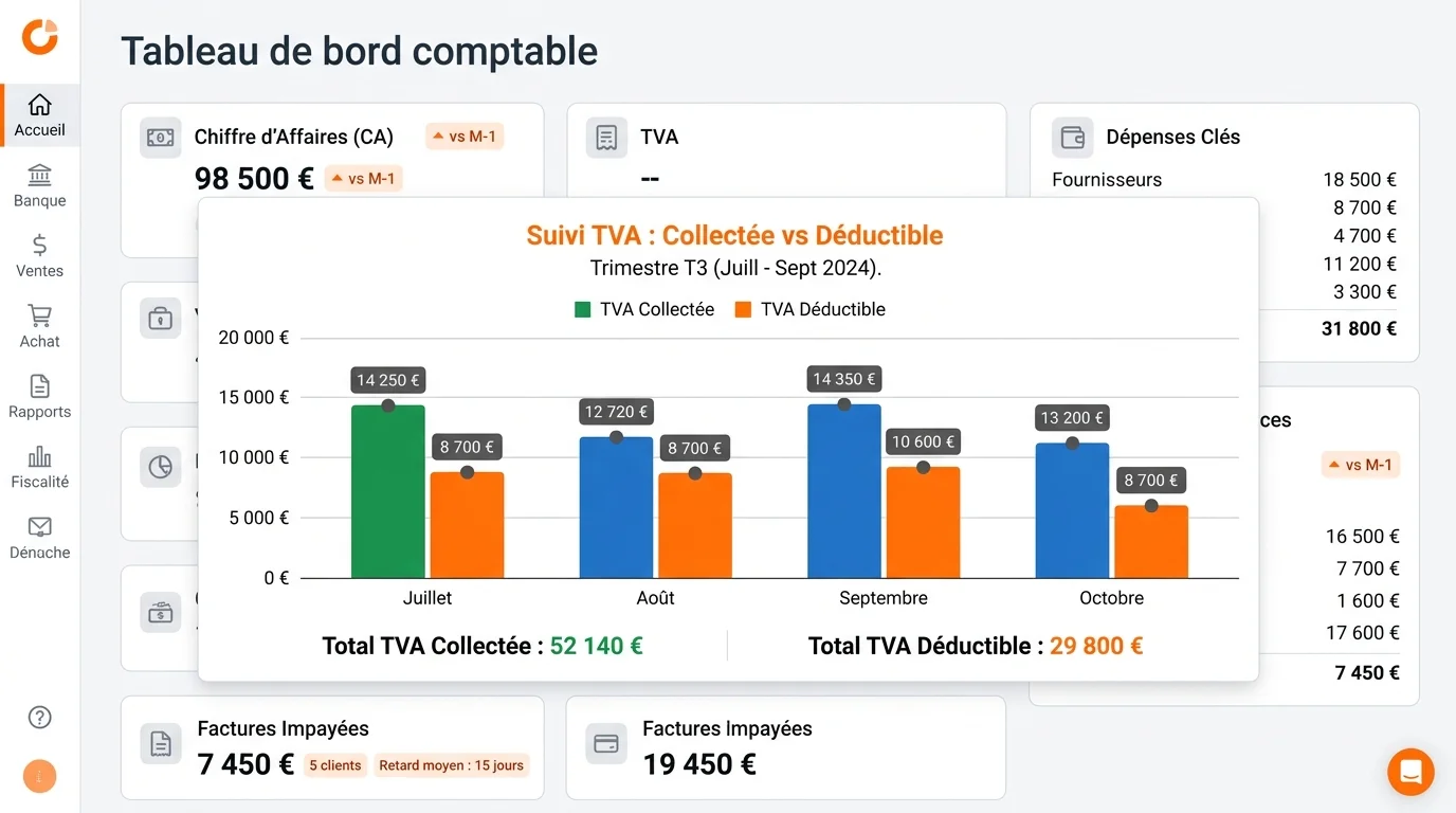 Dashboard logiciel comptabilite avec graphique TVA collectee et deductible sur fond blanc et accents orange