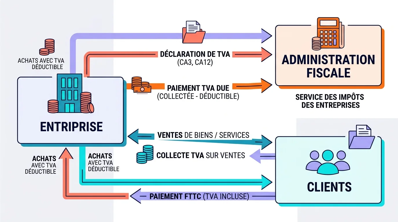 Schema du mecanisme de declaration TVA avec fleches entre entreprise, clients et administration fiscale