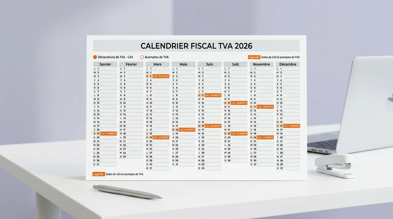 Calendrier 2026 affichant les dates de CA3 et les acomptes TVA en orange sur bureau blanc