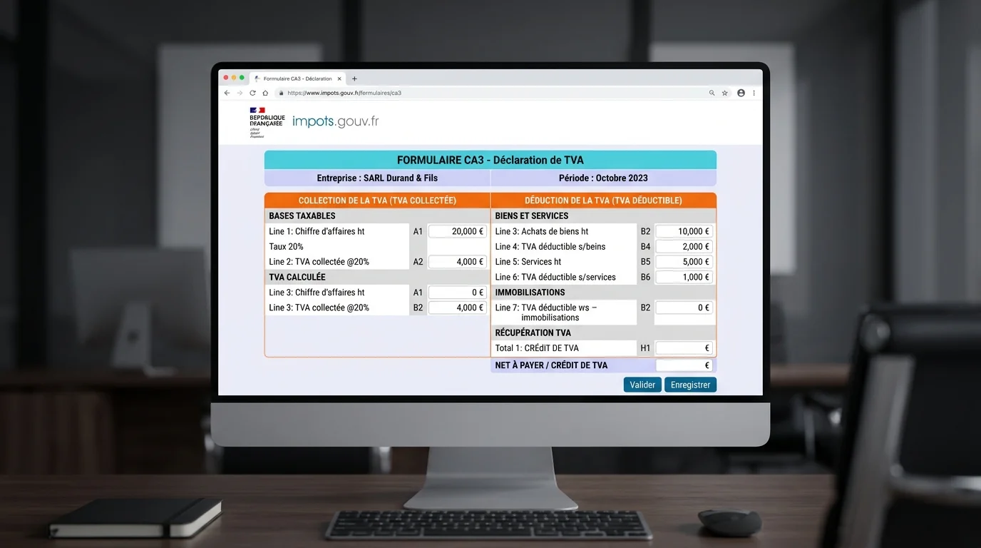 Écran impots.gouv avec formulaire CA3, colonnes TVA collectée et TVA déductible sur fond orange