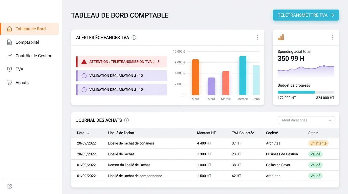Tableau de bord comptable avec alertes d'échéances TVA, journal achats et bouton télétransmettre