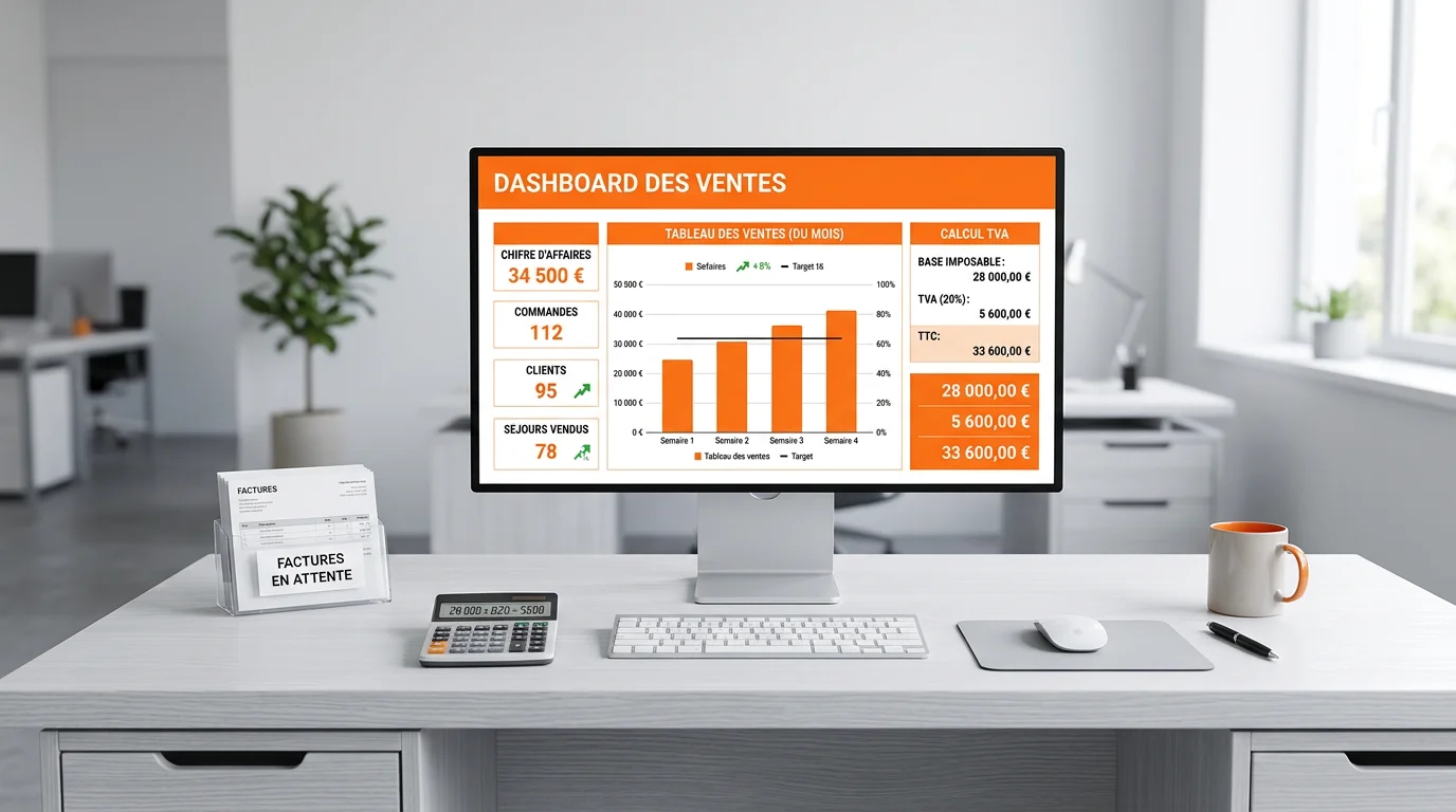 Bureau avec factures, tableau des ventes et calcul TVA affiché sur un écran orange et blanc