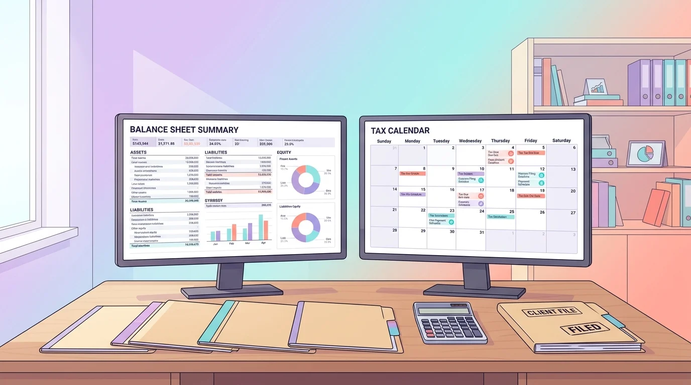 Bureau de cabinet comptable avec double écran, bilan annuel ouvert et dossier client posé sur la table