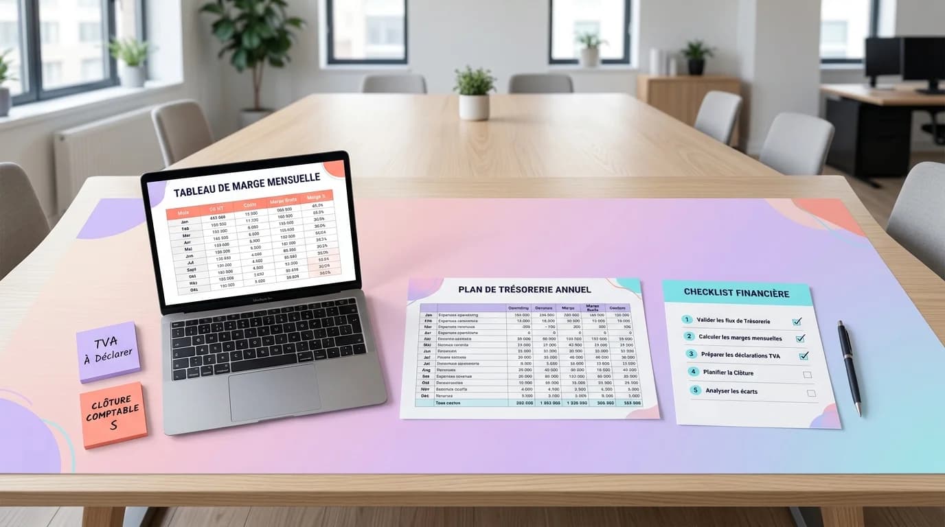 Table de réunion claire avec plan de trésorerie imprimé, ordinateur portable et notes de pilotage pour PME