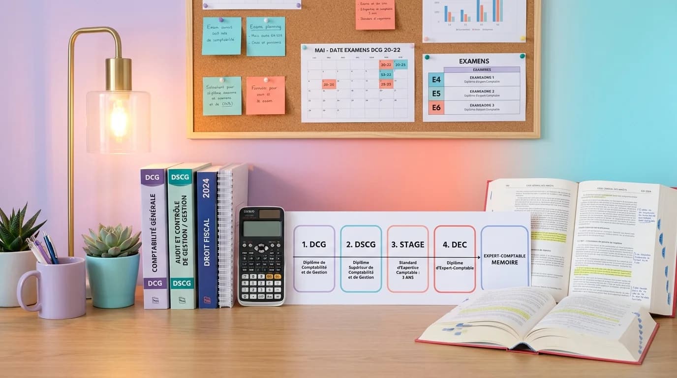 Bureau d'étude comptable avec codes fiscaux, calculatrice et frise de parcours DCG DSCG DEC
