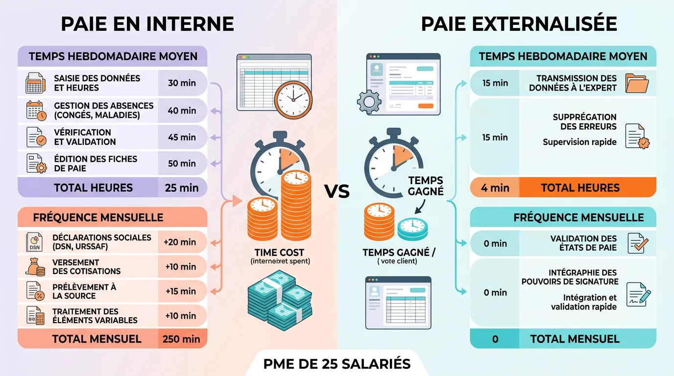 Infographie comparant le temps passé sur la paie en interne versus externalisée dans une PME de 25 salariés