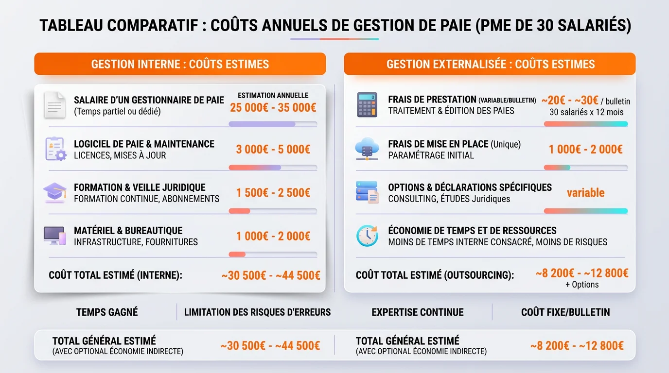 Tableau comparatif des coûts annuels entre gestion de paie interne et externalisée pour une PME de 30 salariés