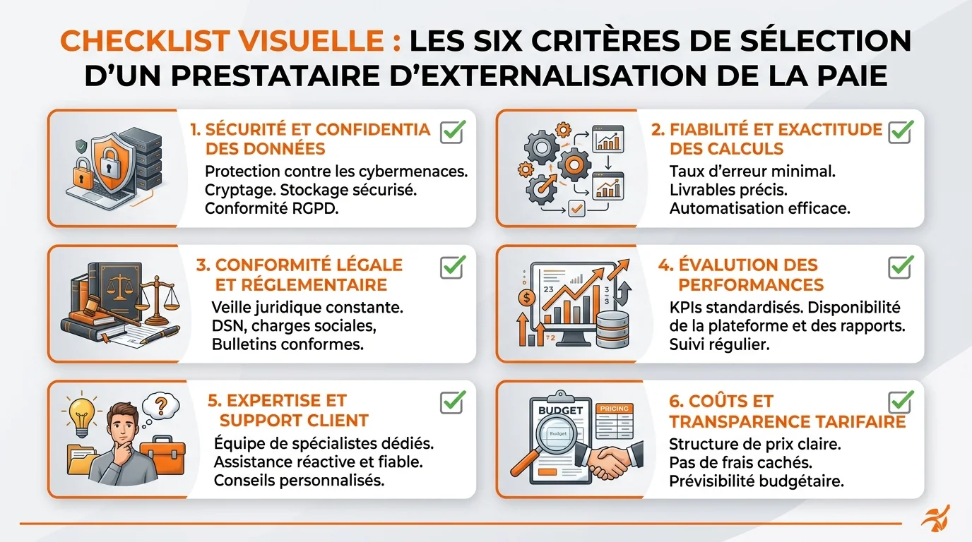 Checklist visuelle des six critères de sélection d'un prestataire d'externalisation de la paie