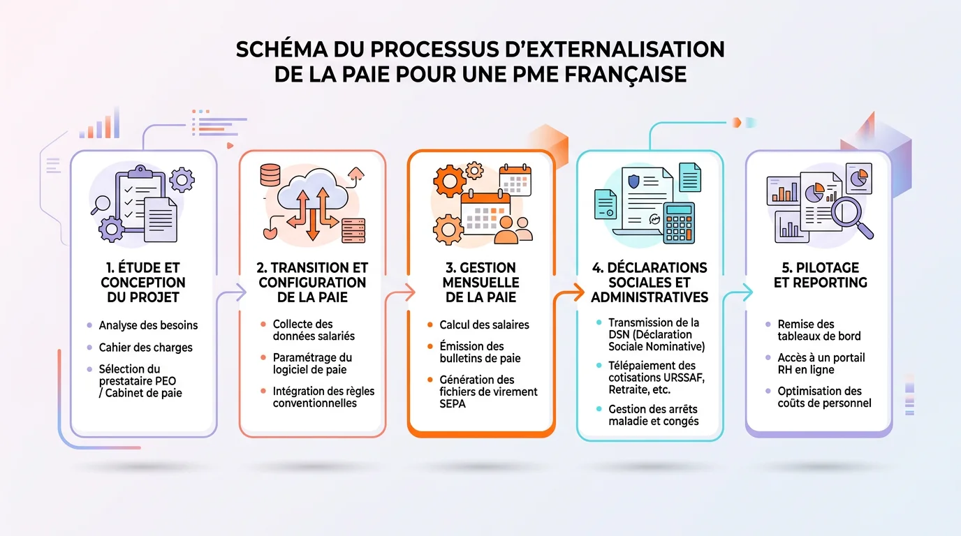 Schéma en cinq étapes montrant le processus d'externalisation de la paie pour une PME française