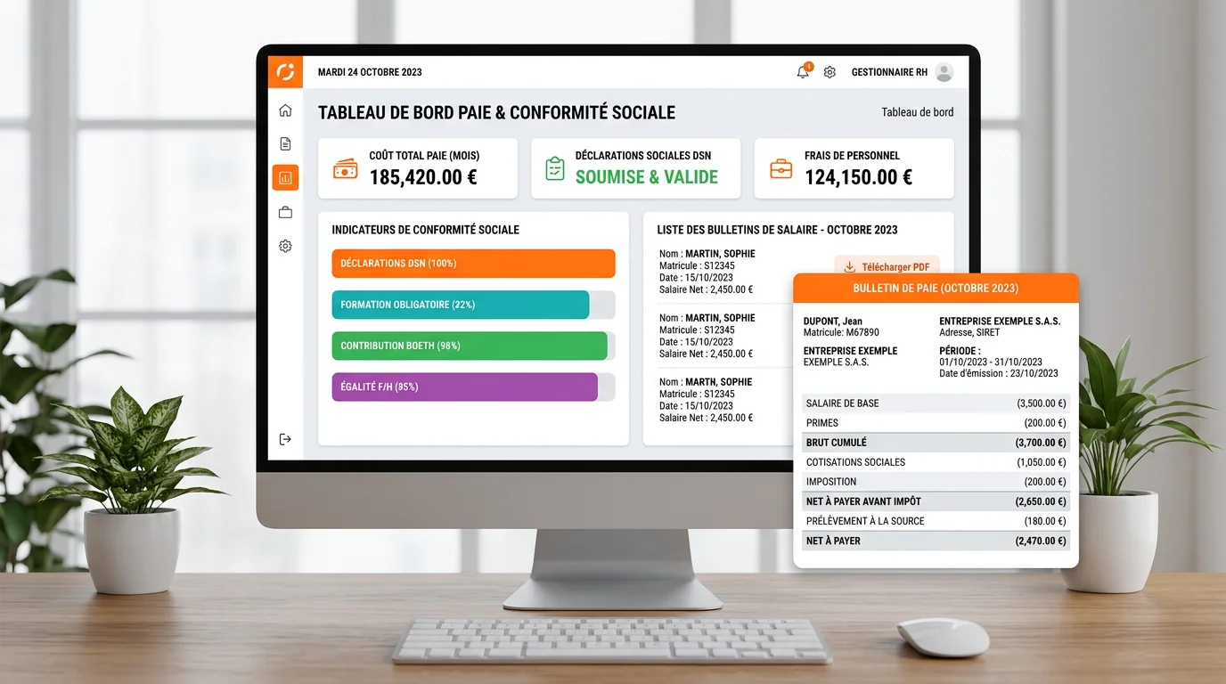 Tableau de bord paie avec bulletins de salaire et indicateurs de conformité sociale sur écran d'ordinateur
