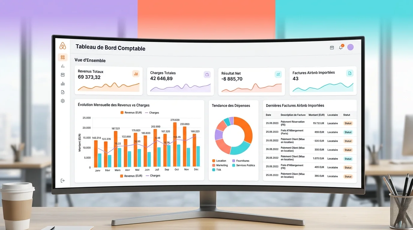 Dashboard comptable avec factures Airbnb importées automatiquement graphiques revenus et charges sur écran professionnel