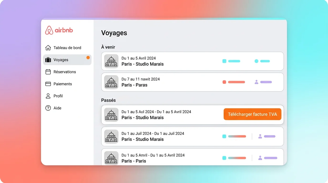 Interface du tableau de bord Airbnb avec menu voyages et bouton télécharger facture TVA en surbrillance orange