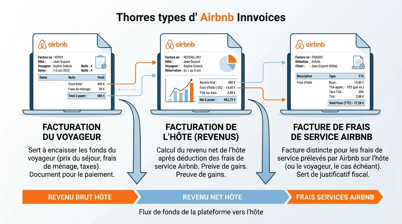 Schéma des trois types de factures Airbnb avec flèches entre plateforme hôte et voyageur sur fond blanc