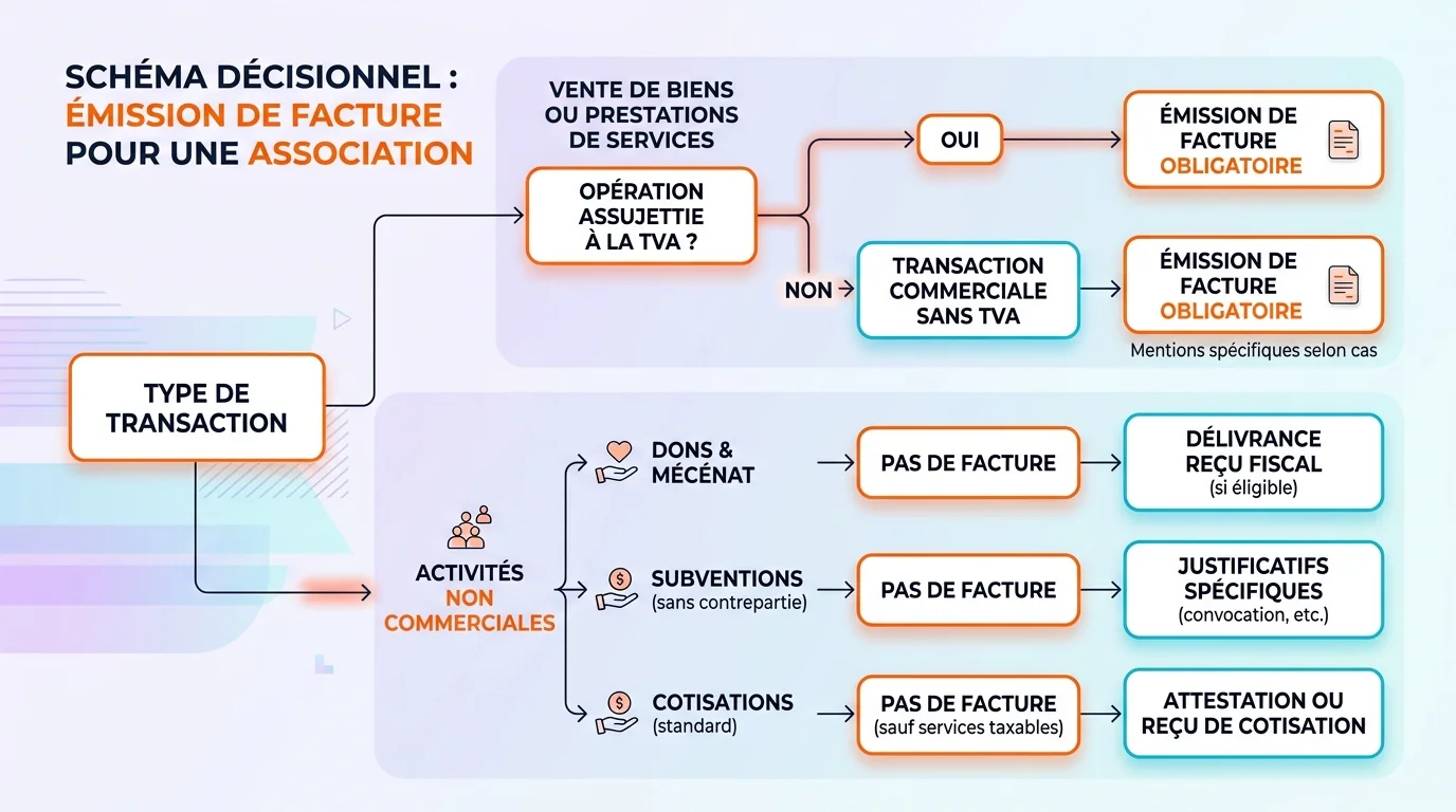 Schéma décisionnel montrant quand une association doit émettre une facture selon le type de transaction