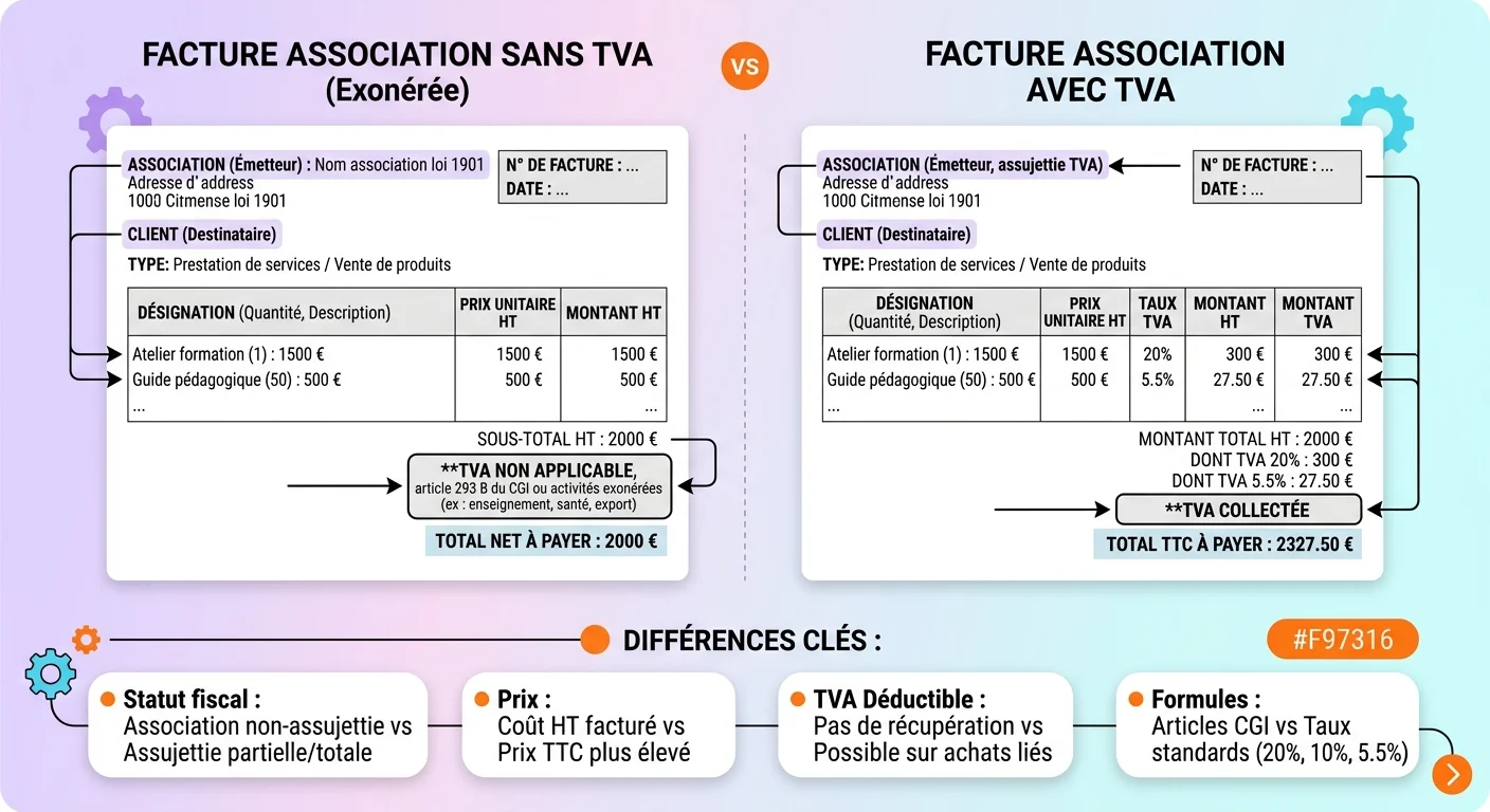 Comparaison visuelle entre une facture association sans TVA et une facture association avec TVA côte à côte