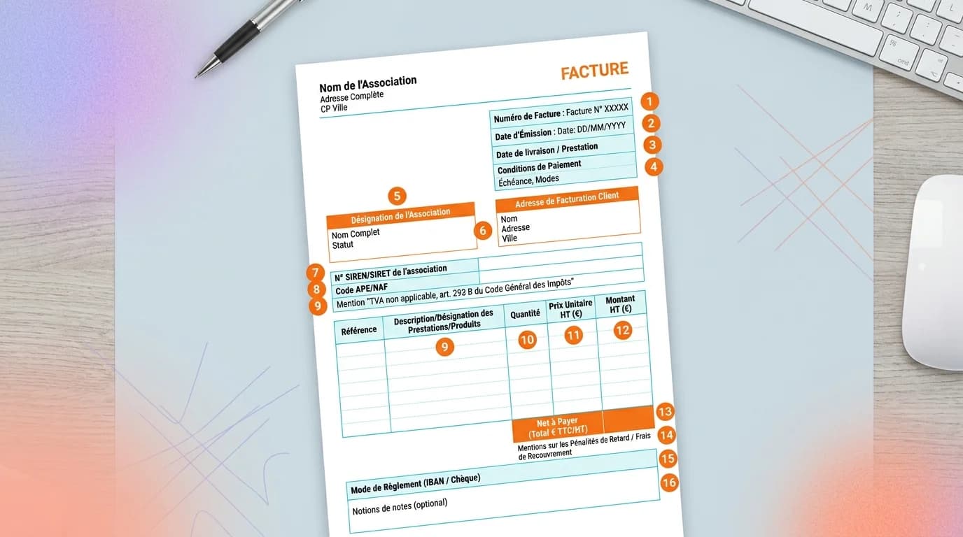 Modèle de facture association loi 1901 avec mentions obligatoires numérotées sur fond de bureau