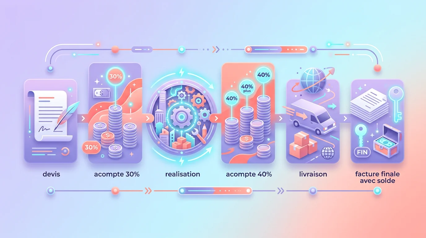 Schema chronologique montrant les etapes de la facture d acompte : devis, acompte 30%, realisation, acompte 40%, livraison, facture finale avec solde