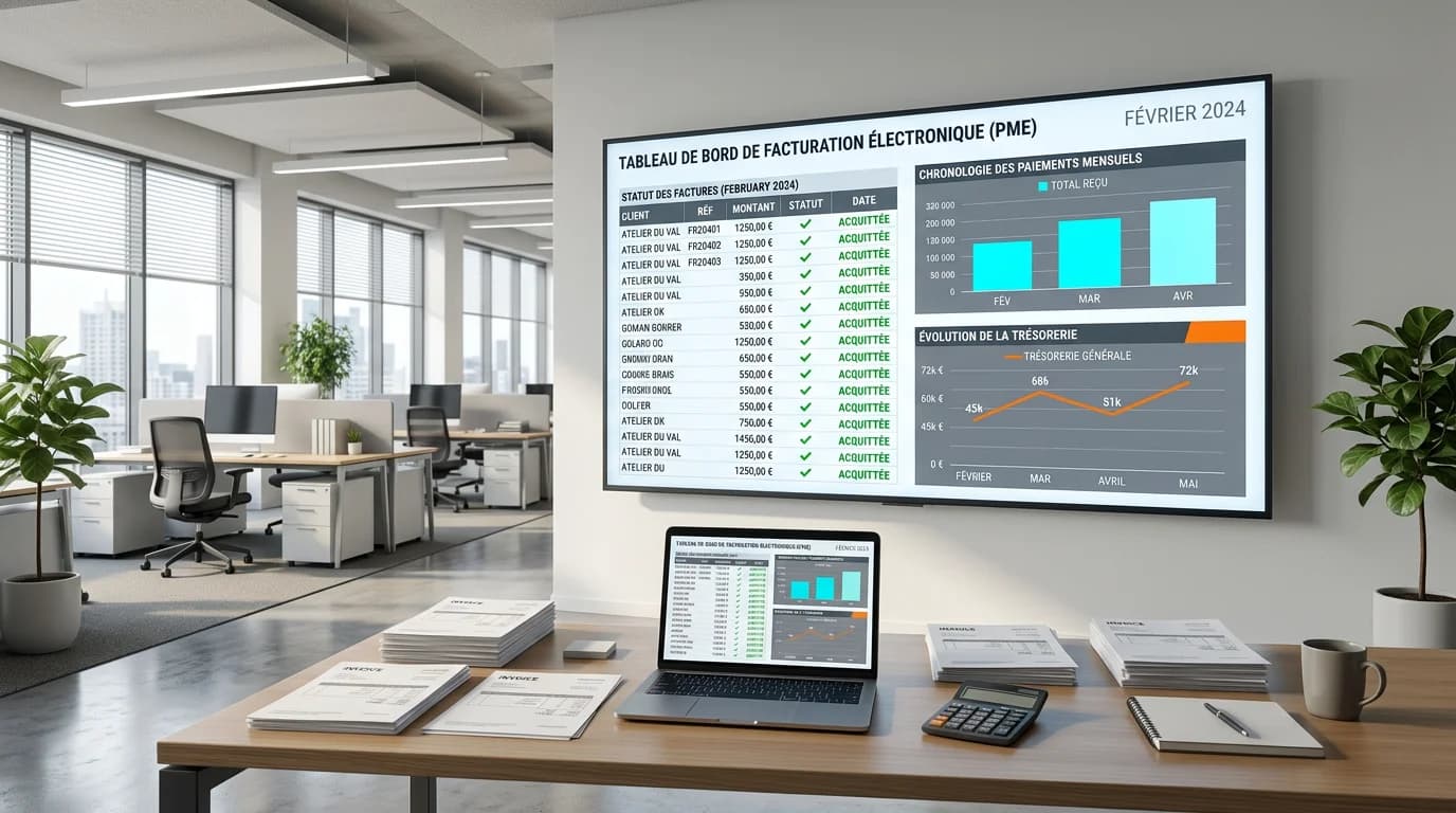 Écran d'ordinateur sur bureau PME affichant tableau de bord facturation électronique avec statuts de factures, graphique trésorerie mensuelle et délais de paiement en orange sur fond blanc